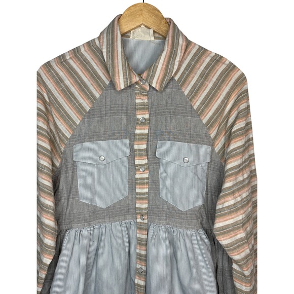 Dress Up Striped Plaid Peplum Button Up Shirt Cottagecore Women Size Small - Picture 3 of 14